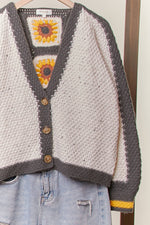 Color Block Sunflower Crochet V Neck Cardigan