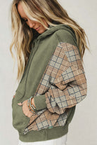 Plaid Sleeve Drawstring Hooded Sweatshirt - Moss Green