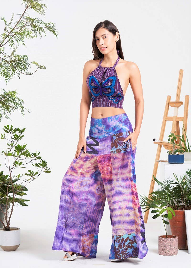 Multi-patch Wide-Leg Elastic Waist Pants (KT-1401) boho clothing, festival outfit, hippie style apparel | Elevated Hippie