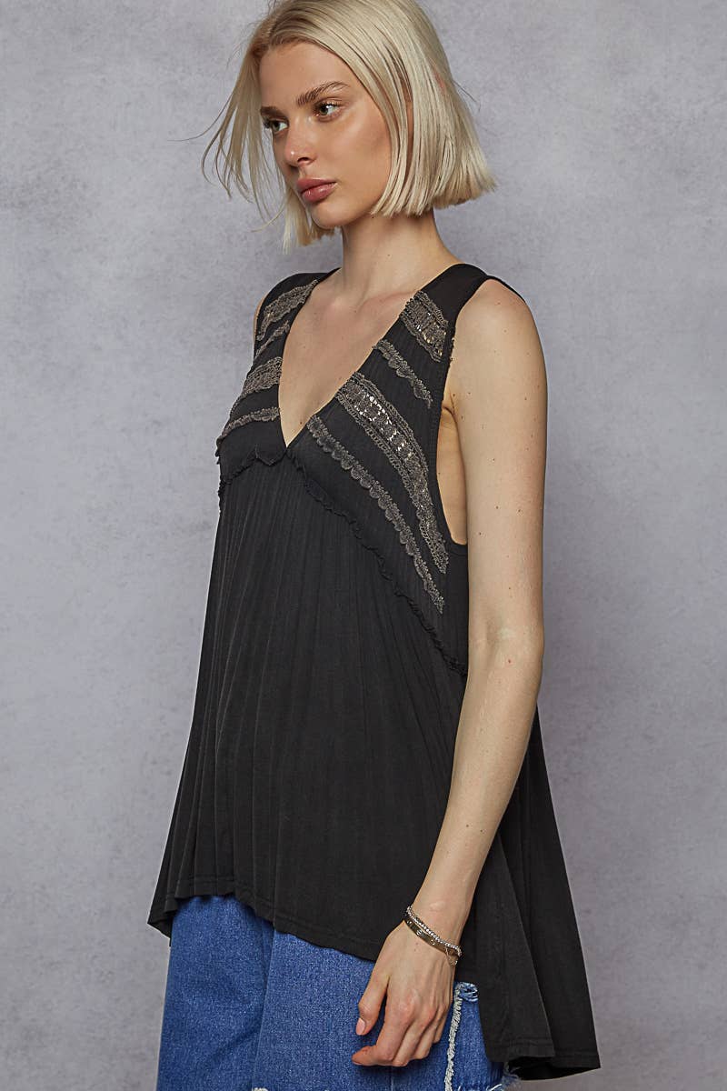 Sleeveless V-Neck Babydoll Lace Trim Knit Top boho clothing, festival outfit, hippie style apparel | Elevated Hippie