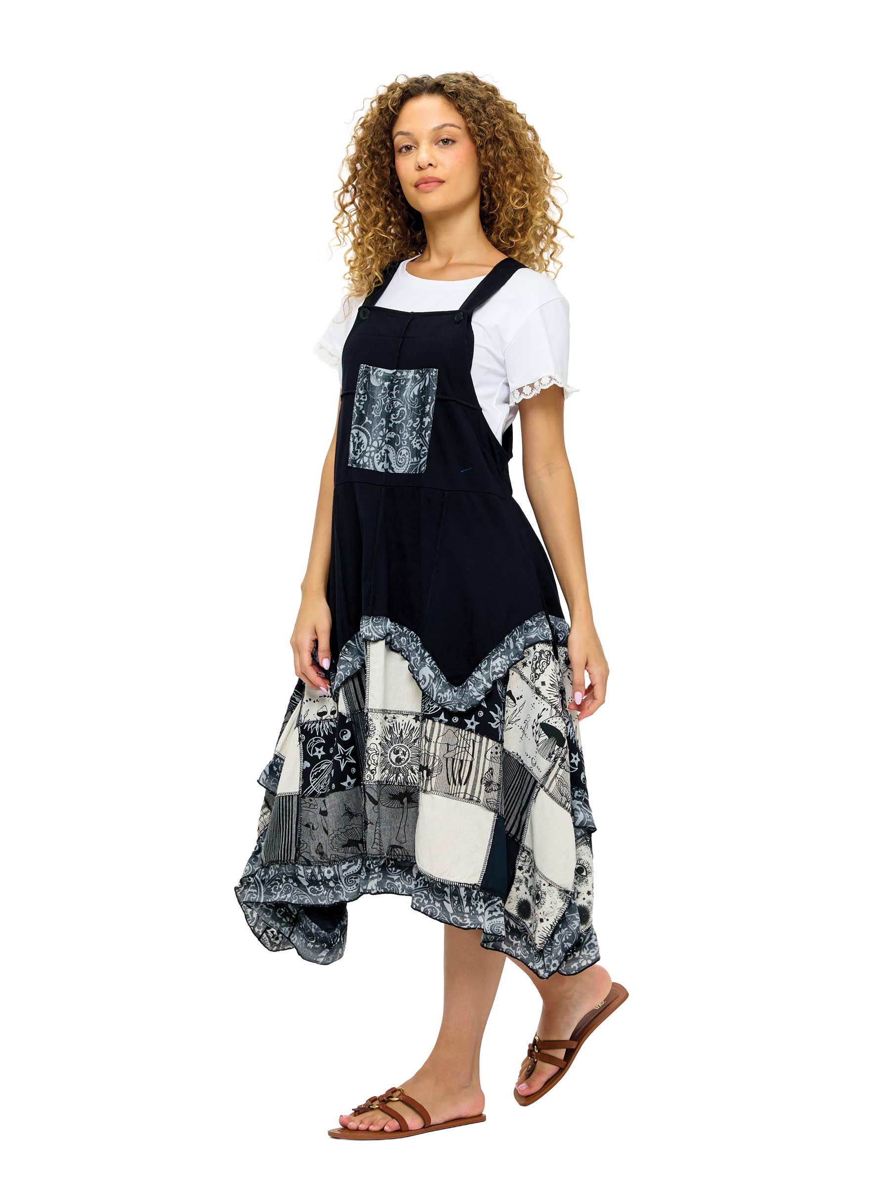 Hippy Boho Print Patch Work Overall Dress boho clothing, festival outfit, hippie style apparel | Elevated Hippie