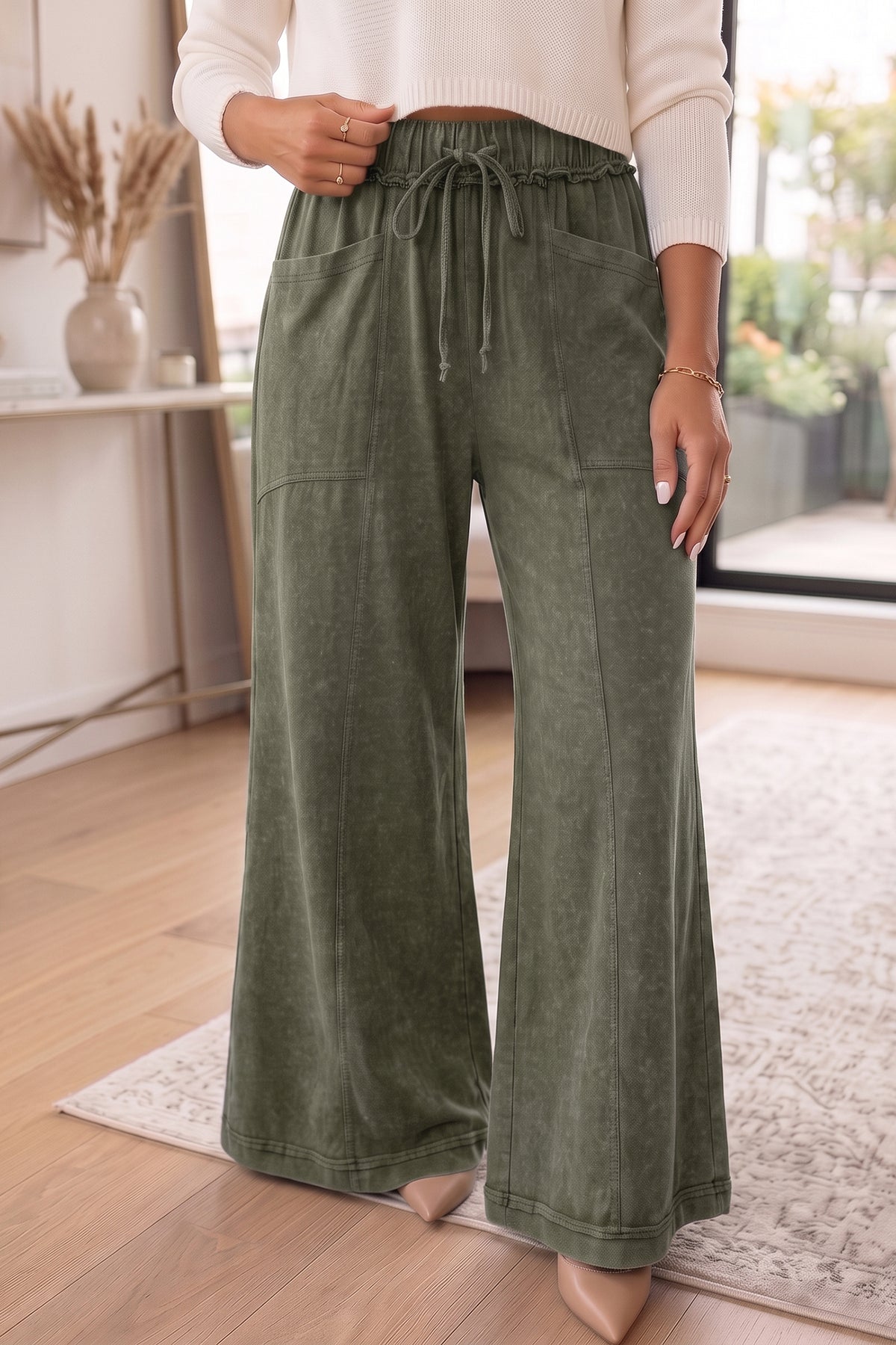Jungle Green Mineral Wash Flare Leg Drawstring Pants