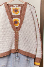 Color Block Sunflower Crochet V Neck Cardigan