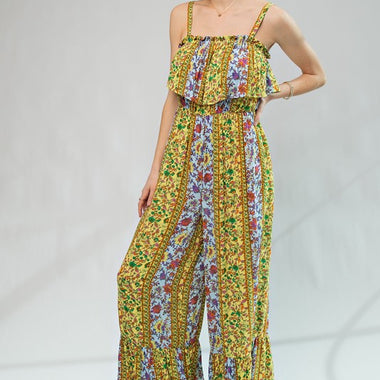Boho Border Print Gauze Jumpsuit – Ruffle Trim Wide Leg One-Piece with Hidden Button Straps - The Elevated Hippie