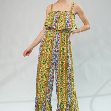 Boho Border Print Gauze Jumpsuit – Ruffle Trim Wide Leg One-Piece with Hidden Button Straps - The Elevated Hippie
