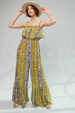 Boho Border Print Gauze Jumpsuit – Ruffle Trim Wide Leg One-Piece with Hidden Button Straps - The Elevated Hippie