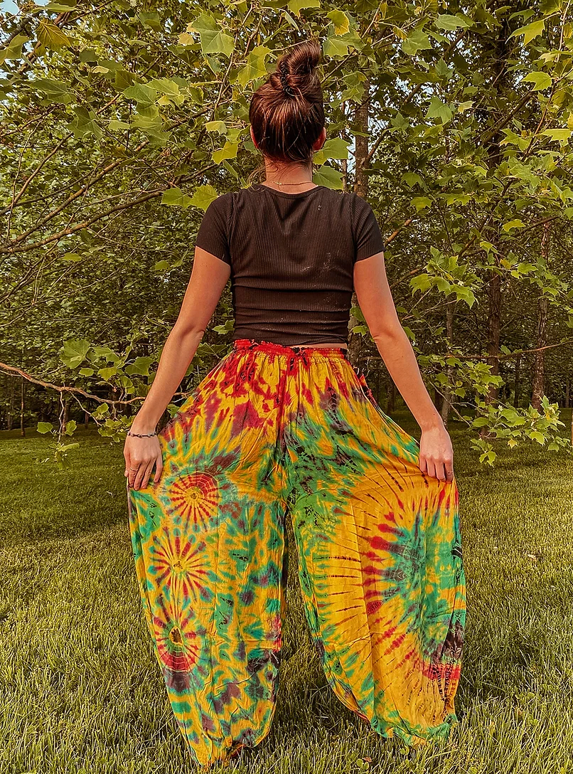 Flowy Hippie Tie Dye Pants Earthy + Colorful Baggy Yoga Pant boho clothing, festival outfit, hippie style apparel | Elevated Hippie