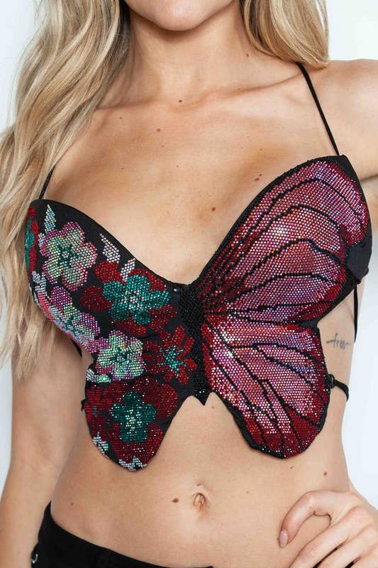 FLORAL BEADED BUTTERFLY RHINESTONE LACE UP BACK BRALETTE TOP boho clothing, festival outfit, hippie style apparel | Elevated Hippie