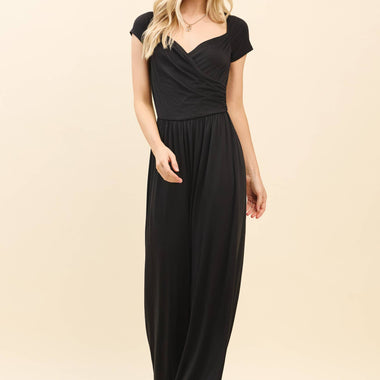 JR56657 - RUCHED SURPLICE PALAZZO JUMPSUIT - The Elevated Hippie