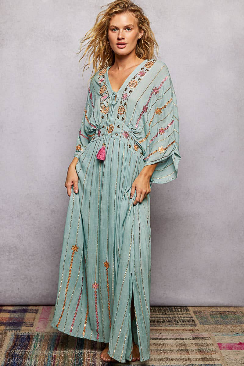 V-Neck Tassel Glint Embroidery Cotton Flowy Fit Maxi Dress boho clothing, festival outfit, hippie style apparel | Elevated Hippie