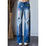 MULTICOLOR FLOWER EMBROIDERED WASHED DENIM JEANS - The Elevated Hippie