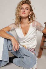 Boho Lace V-Neck Tee – Relaxed Fit Half Sleeve Top – Feminine Lace Detail – Easy Everyday Style – Multiple Sizes - The Elevated Hippie