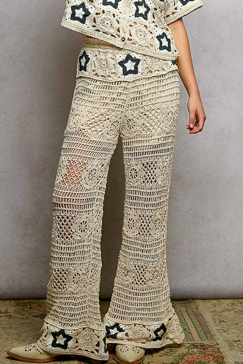 Star Motifs Flared Hem Straight Fit Crochet Pants boho clothing, festival outfit, hippie style apparel | Elevated Hippie