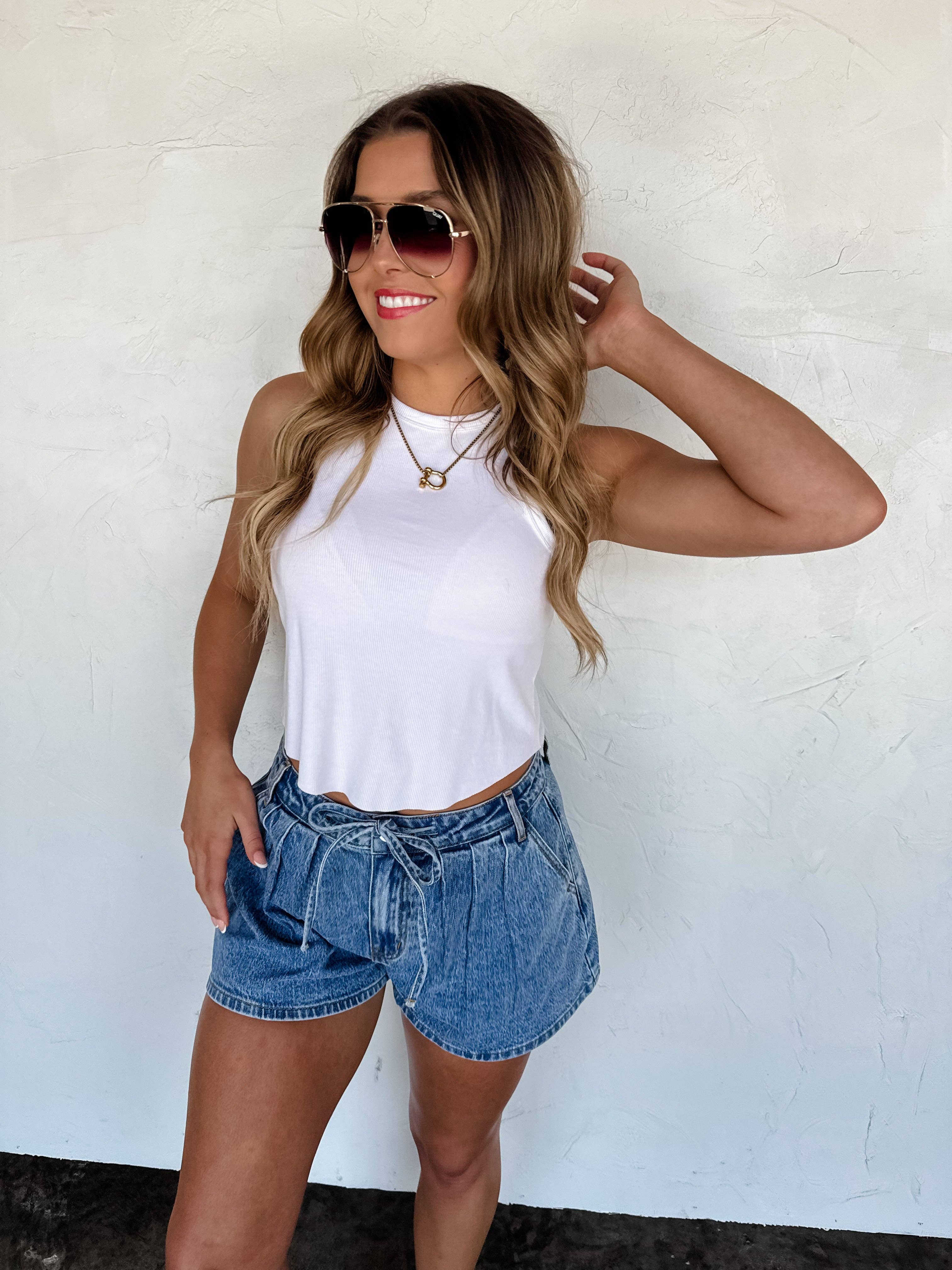 Sutton Pleated Denim Shorts – Stretch Tie Waist Boho Shorts boho clothing, festival outfit, hippie style apparel | Elevated Hippie