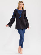 Women's Long Bell Sleeve V-Neck Embroidery Detailed Tunic Blouse