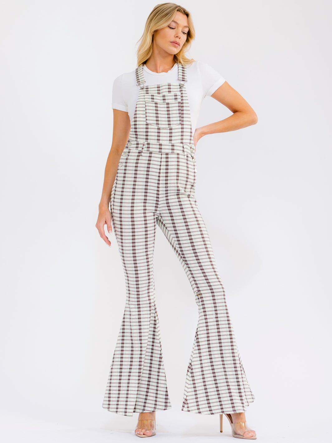 Women's Sleeveless Pockets Bell Leg Multi Stretch Denim Jumpsuit