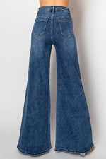 D25-4-A - Embellished wide leg medium blue denim jeans - The Elevated Hippie