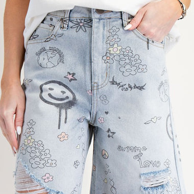 Printed Washed Denim Shorts – Distressed Mid-Length Wide Leg Jean Shorts - The Elevated Hippie