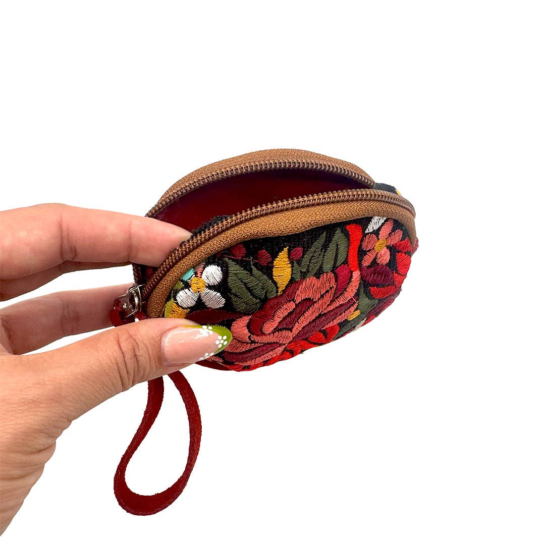 Round Embroidered Floral Leather "Bella" Coin Purse Pouch boho clothing, festival outfit, hippie style apparel | Elevated Hippie