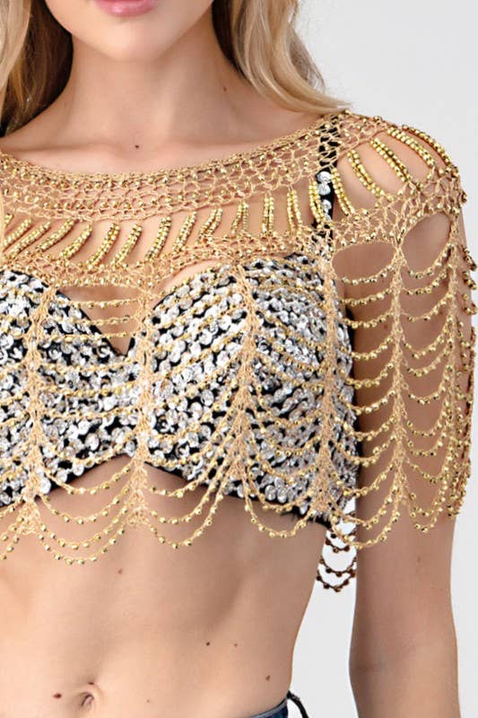 Sexy Metallic Beaded Shawl Crochet Poncho boho clothing, festival outfit, hippie style apparel | Elevated Hippie