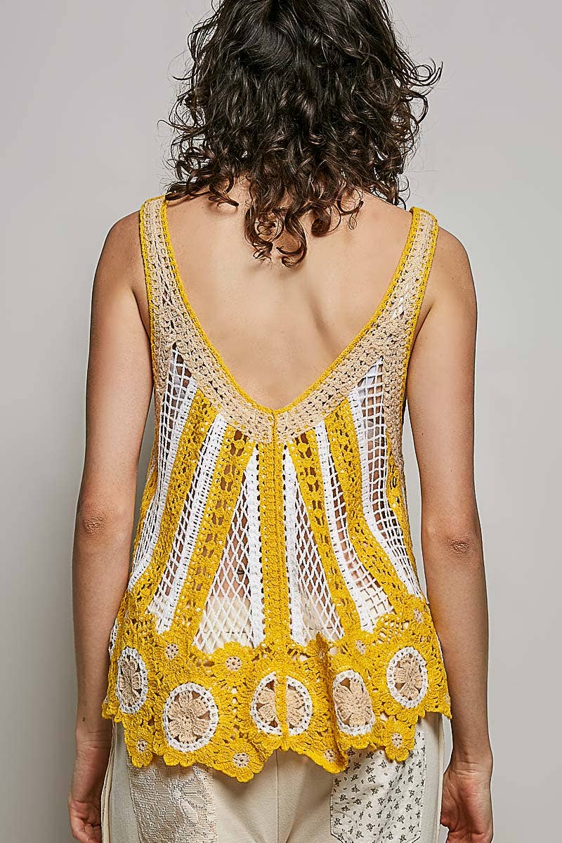 V-Neck Sleeveless Scalloped Edge Stripe Border Crochet Top boho clothing, festival outfit, hippie style apparel | Elevated Hippie