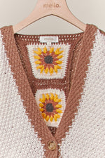 Color Block Sunflower Crochet V Neck Cardigan