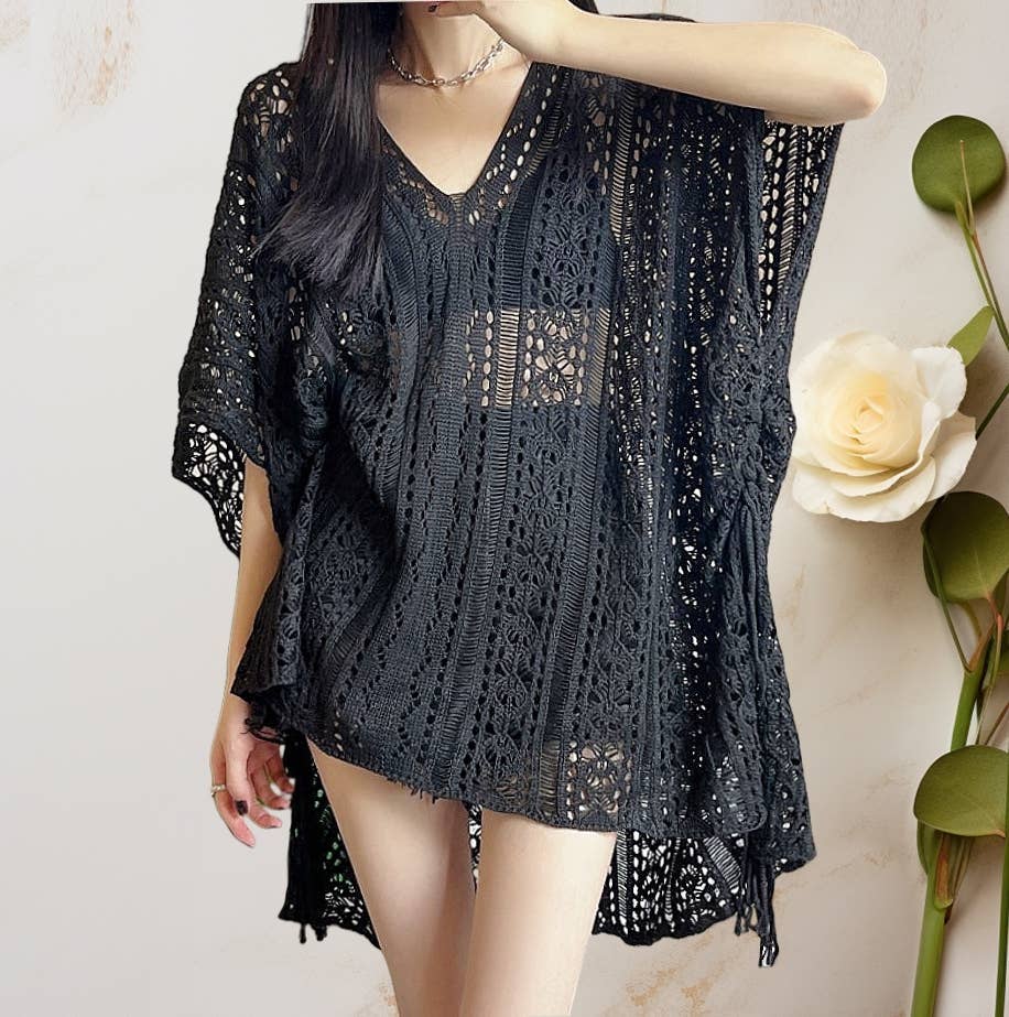 Tassel Detailed Crochet Tunic Cover Up – Boho Beach Kaftan boho clothing, festival outfit, hippie style apparel | Elevated Hippie