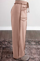 Brown Plaid Drawstring Elastic Waist Pants
