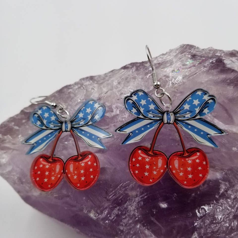 Patriotic Bow Cherry Earrings - 4th of July boho clothing, festival outfit, hippie style apparel | Elevated Hippie