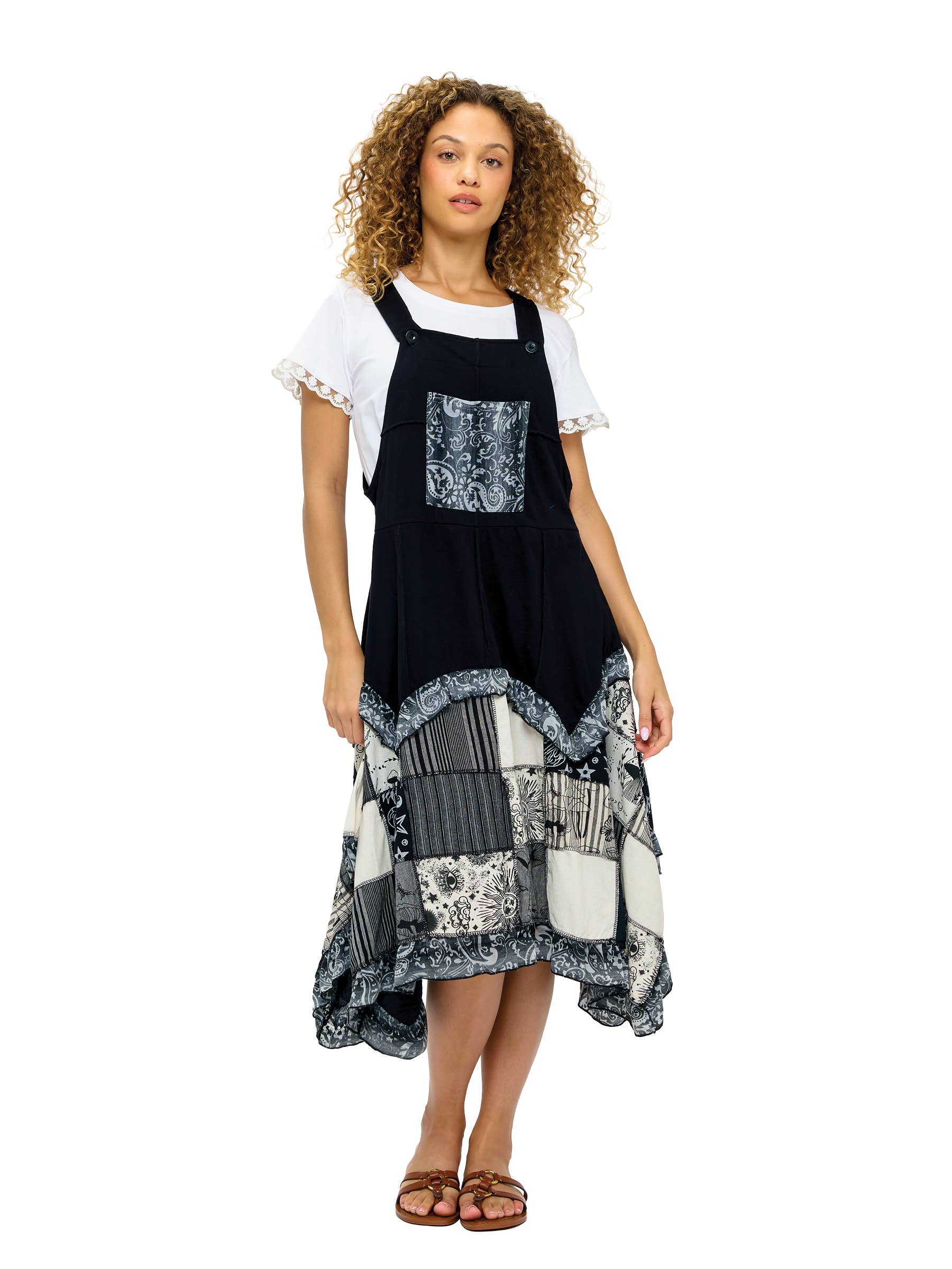 Hippy Boho Print Patch Work Overall Dress boho clothing, festival outfit, hippie style apparel | Elevated Hippie