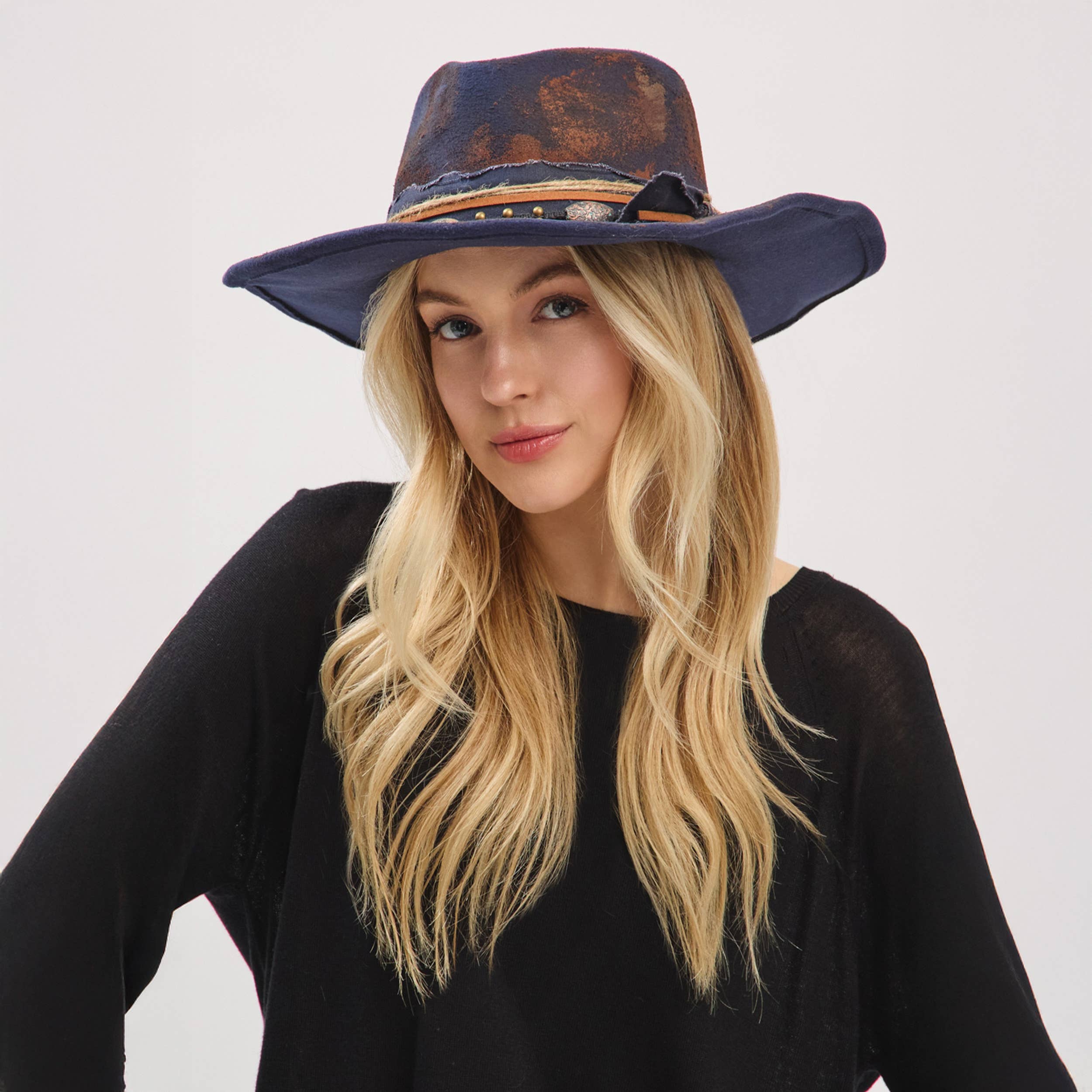 Distressed Fabric Multi Band Cowgirl Fedora Hat boho clothing, festival outfit, hippie style apparel | Elevated Hippie