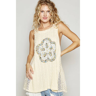 Round neck floral lace solid sleeveless tunic - The Elevated Hippie