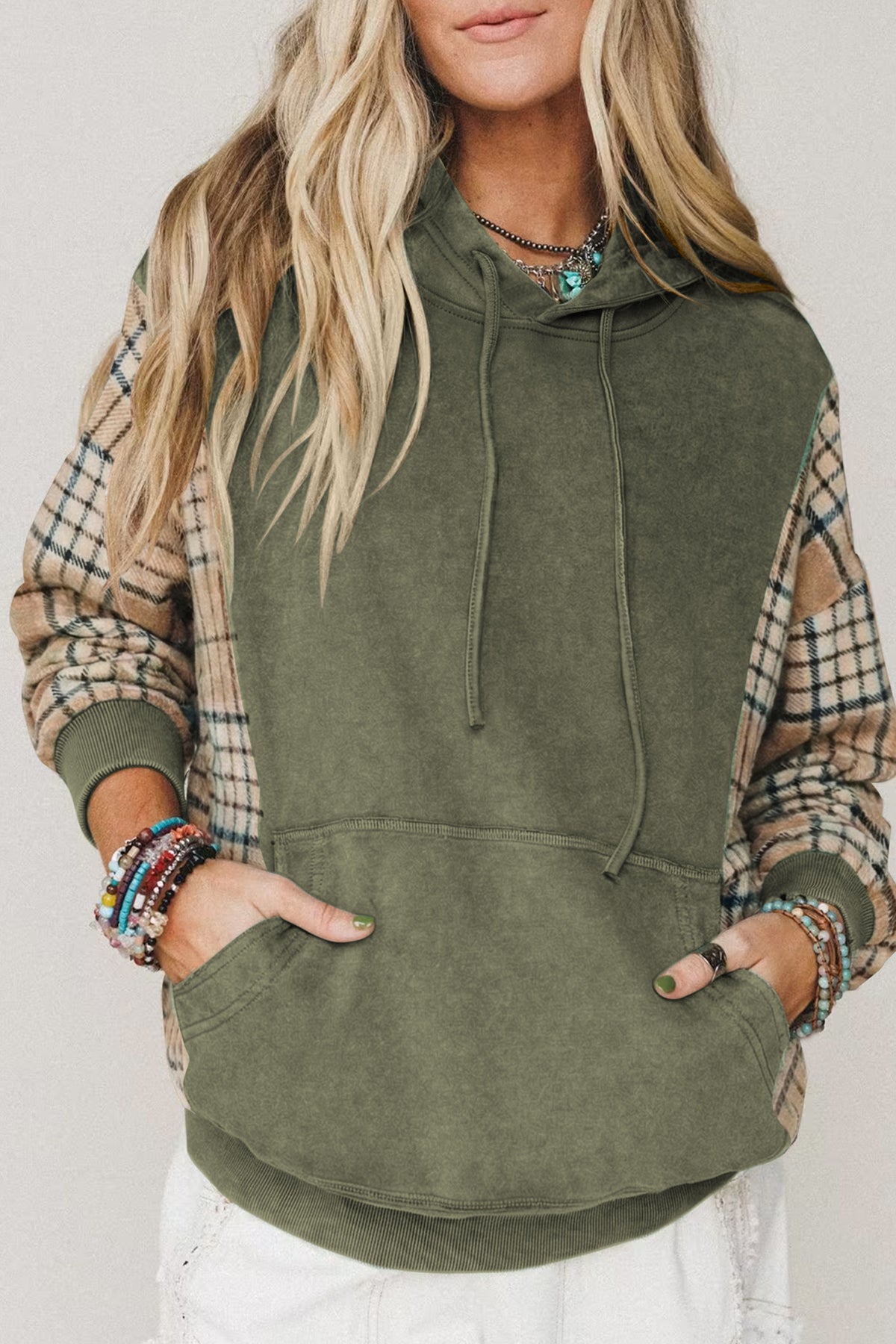 Plaid Sleeve Drawstring Hooded Sweatshirt - Moss Green