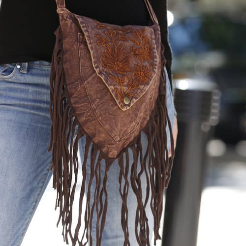 Triangle Boho Fringe Shoulder Bag – Handmade Stonewashed Cotton Purse boho clothing, festival outfit, hippie style apparel | Elevated Hippie