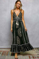 Deep V-Neck Tassel Ruffle Embroidered Trim Maxi Dress boho clothing, festival outfit, hippie style apparel | Elevated Hippie