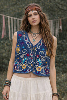 Boho Retro Flower Embroidered Women Velvet Vest boho clothing, festival outfit, hippie style apparel | Elevated Hippie