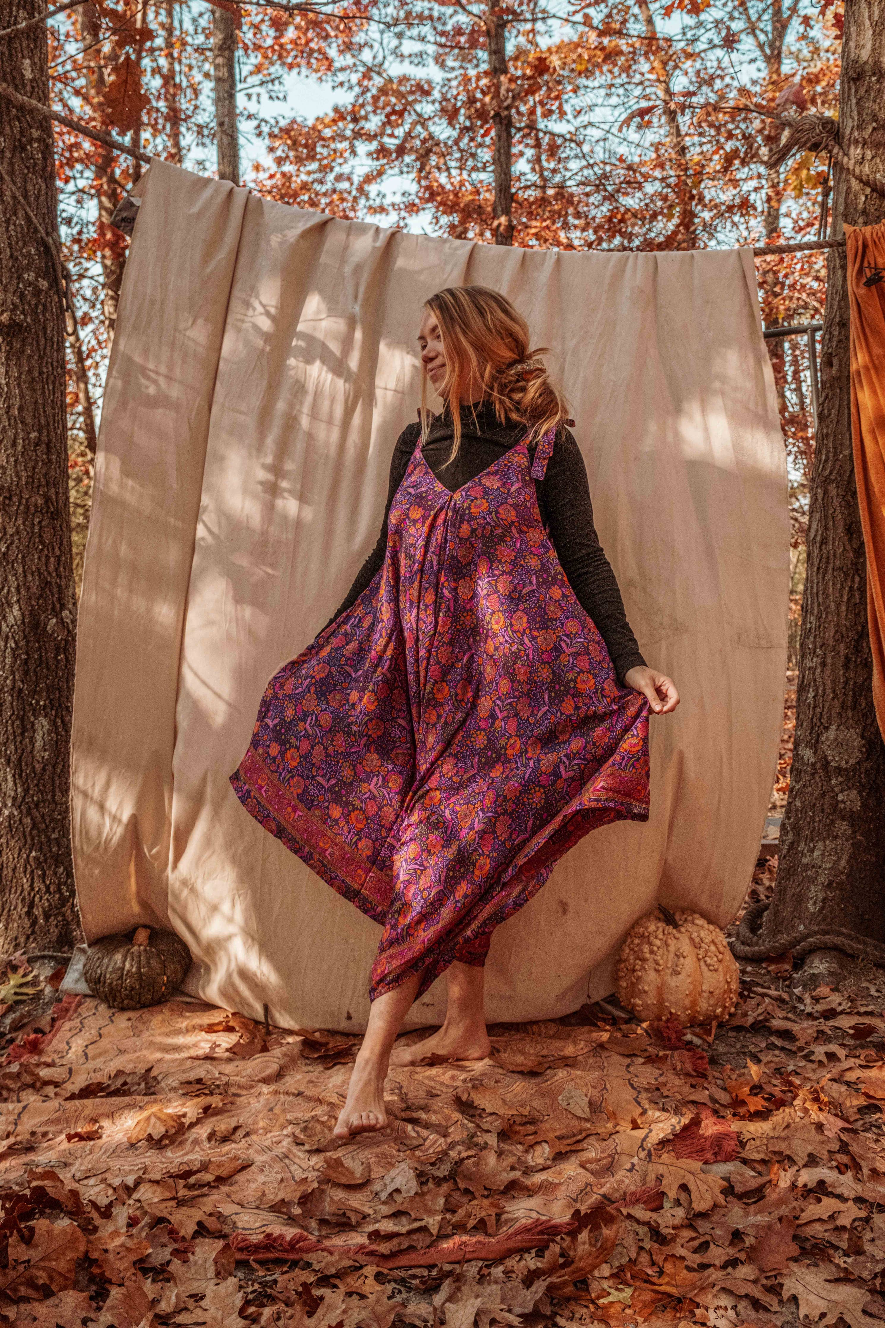 Hippie Bohemian Silk Flowy Tie Jumpsuit, Floral Jumper boho clothing, festival outfit, hippie style apparel | Elevated Hippie