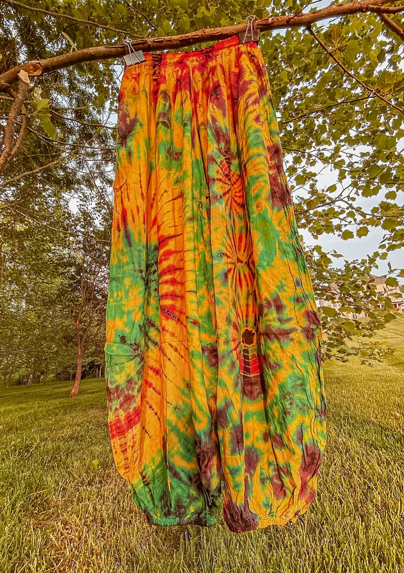 Flowy Hippie Tie Dye Pants Earthy + Colorful Baggy Yoga Pant boho clothing, festival outfit, hippie style apparel | Elevated Hippie