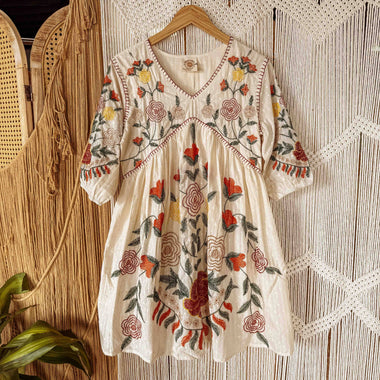 Boho Embroidered Floral Cotton Dress, Fall Lined Short Dress - The Elevated Hippie