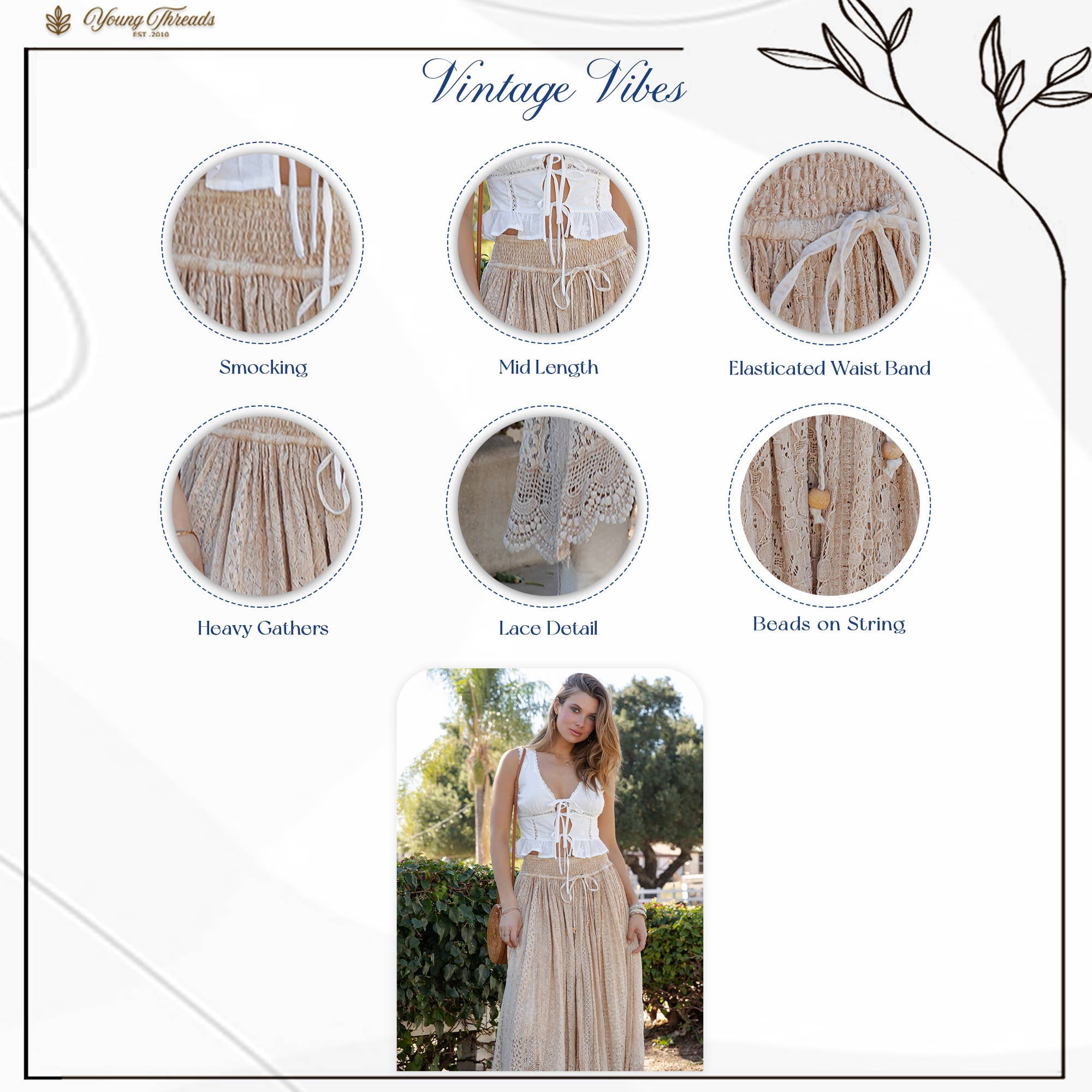 Young Threads - Prairie Dream Wanderer Skirt W/Shirred Elastic Midi Skirt boho clothing, festival outfit, hippie style apparel | Elevated Hippie