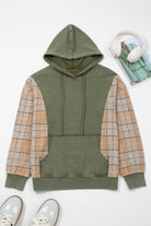 Plaid Sleeve Drawstring Hooded Sweatshirt - Moss Green