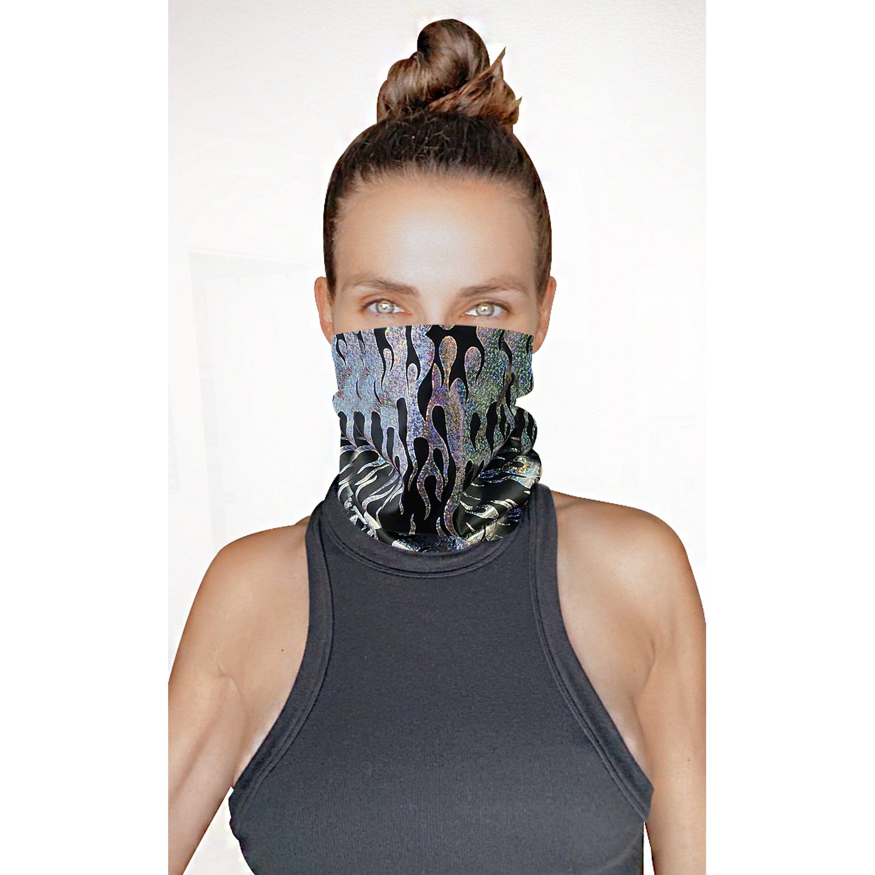 Robo Meltdown Black Holographic Flame Sexy Necksie Face Covering boho clothing, festival outfit, hippie style apparel | Elevated Hippie