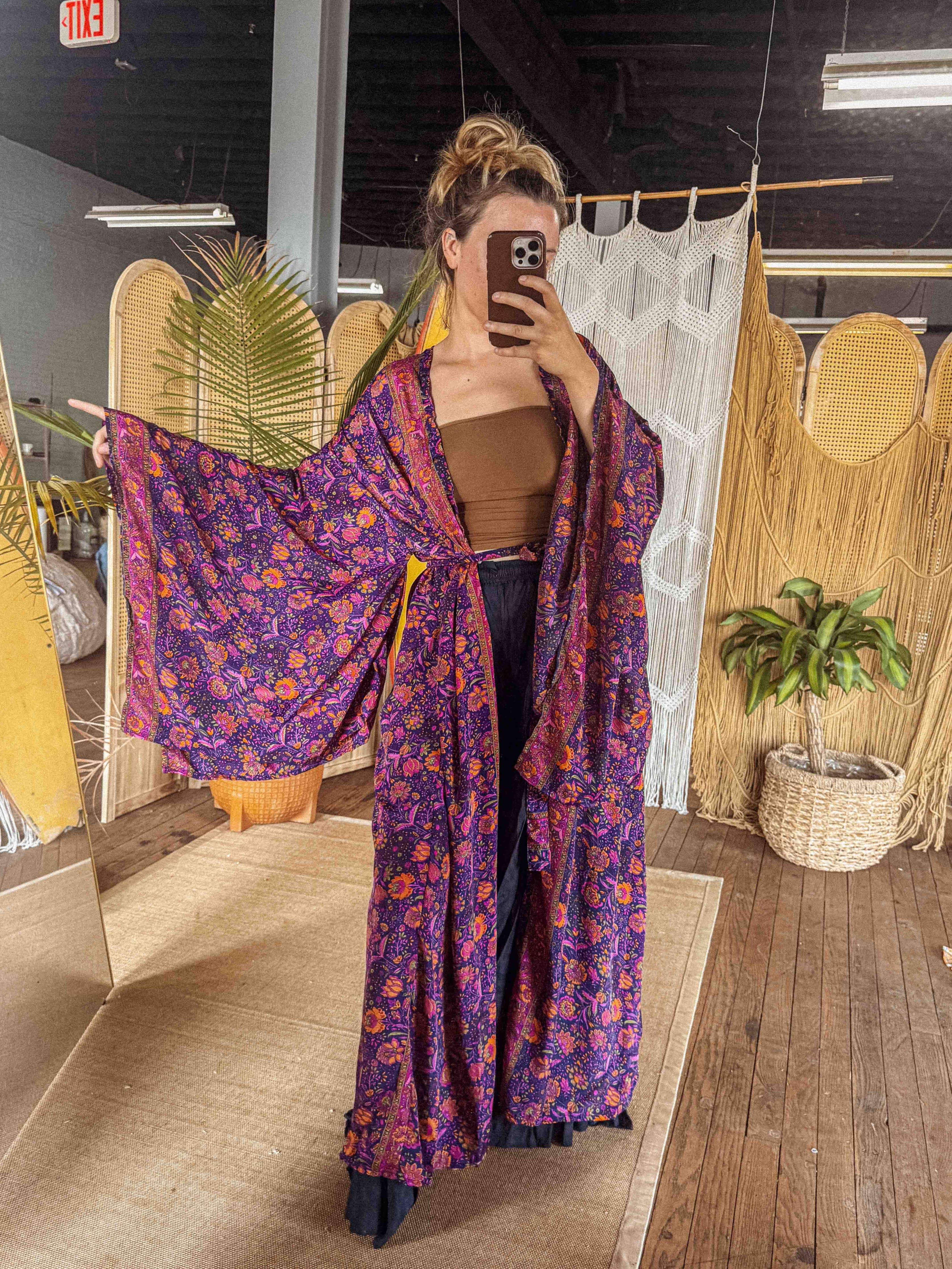 Gardenbelle Shop - BOHO Silk Bell Sleeve Long Maxi Kimono Duster Cardigan boho clothing, festival outfit, hippie style apparel | Elevated Hippie