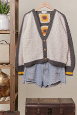 Color Block Sunflower Crochet V Neck Cardigan
