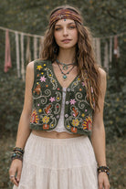 Boho Retro Flower Embroidered Women Velvet Vest boho clothing, festival outfit, hippie style apparel | Elevated Hippie