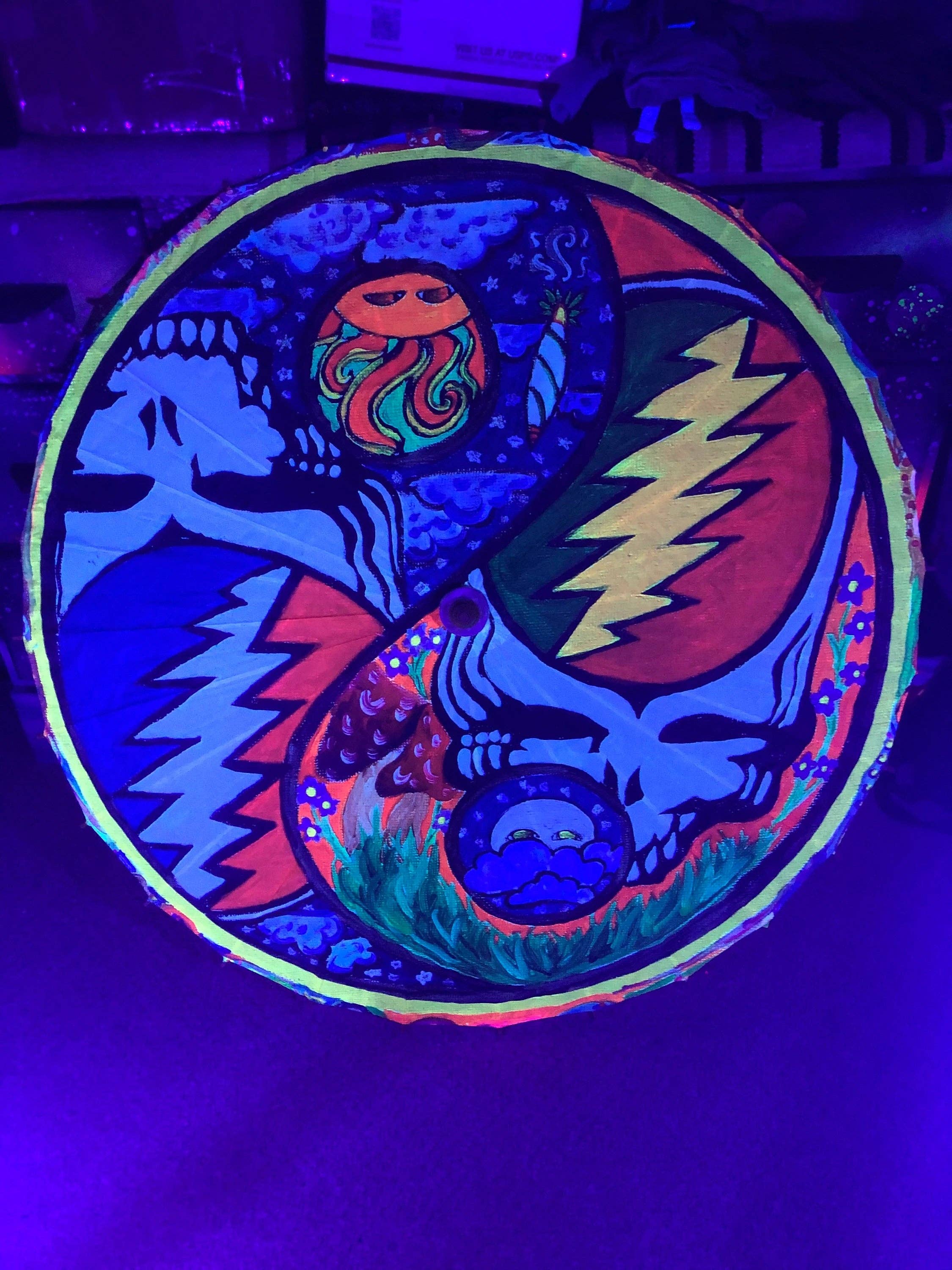 Night And Day Yin Yang UV Reactive / Blacklight Parasol – Hippie Art, Psychedelic Festival Accessory boho clothing, festival outfit, hippie style apparel | Elevated Hippie