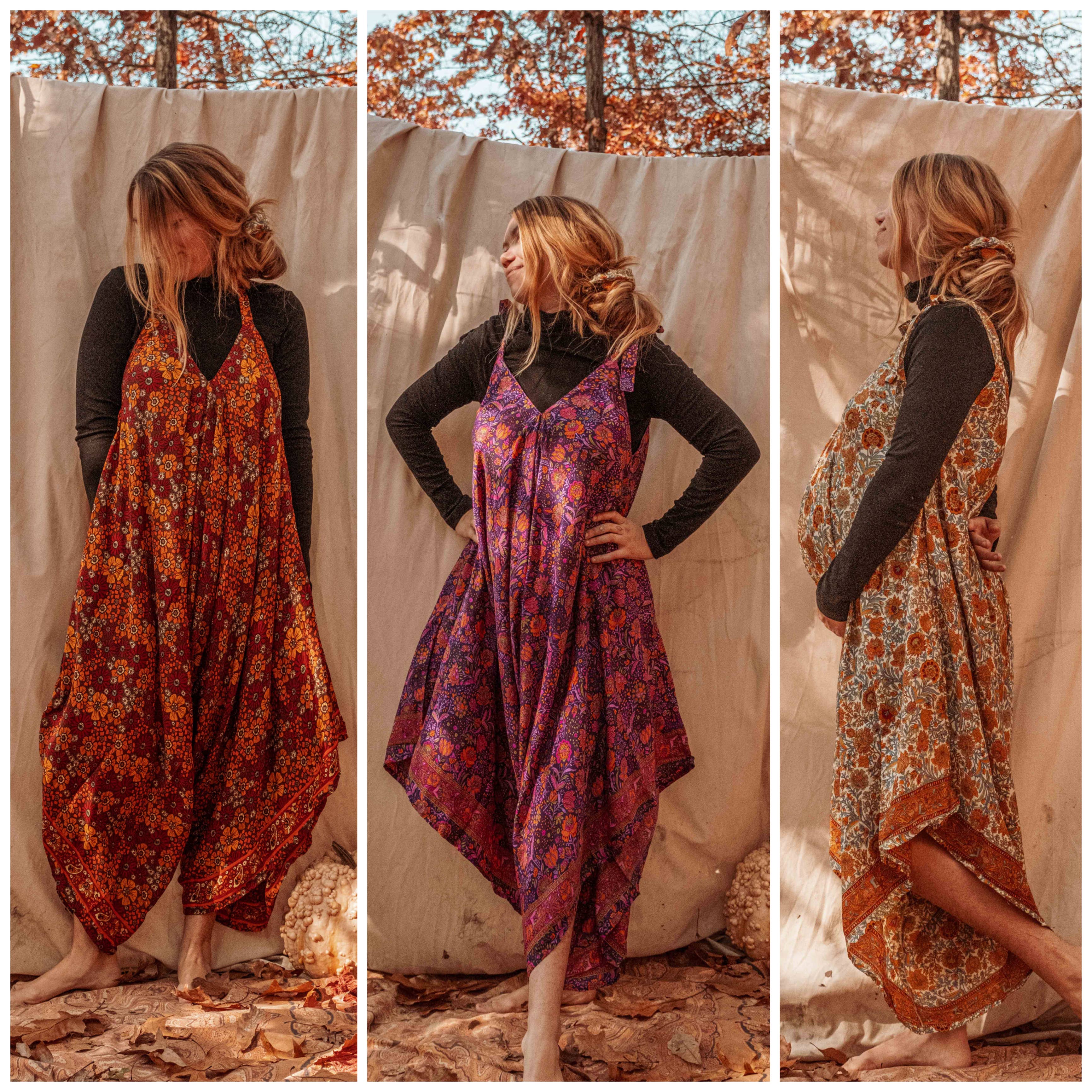 Hippie Bohemian Silk Flowy Tie Jumpsuit, Floral Jumper boho clothing, festival outfit, hippie style apparel | Elevated Hippie