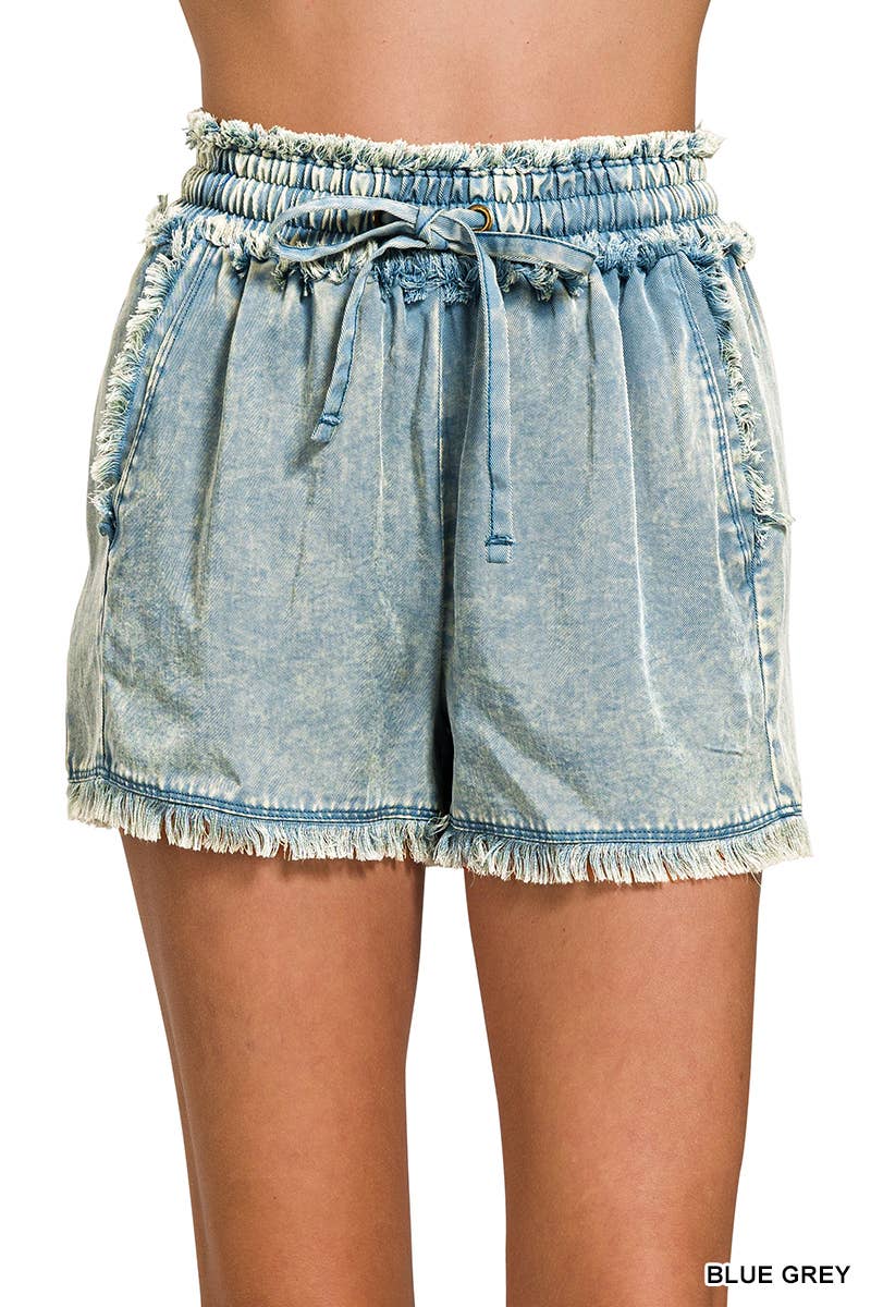 Tencel Mineral Washed Drawstring Shorts – Fray Hem Boho Lounge Shorts – Soft Lightweight Festival Bottoms with Pockets – 100% Tencel - The Elevated Hippie