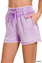 Tencel Mineral Washed Drawstring Shorts – Fray Hem Boho Lounge Shorts – Soft Lightweight Festival Bottoms with Pockets – 100% Tencel - The Elevated Hippie