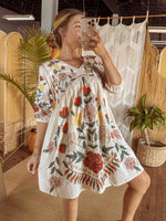 Boho Embroidered Floral Cotton Dress, Fall Lined Short Dress - The Elevated Hippie